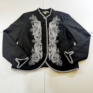 VTG Peter Nygard Black Embroidered Jacket Blazer Women's Size 12 Wool Blend Chic